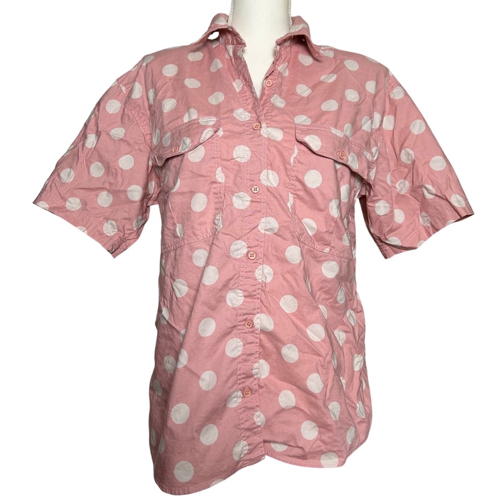 Vintage ILIO Pink‎ Polka Dot 100% Cotton Short Sleeve Button Down Shirt Womens M